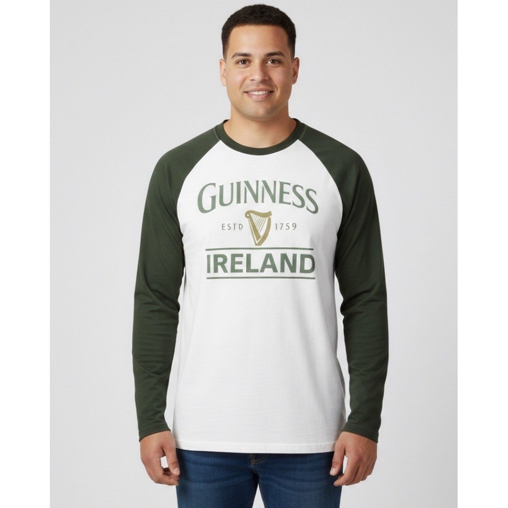 Guinness Ireland Baseball Tee Shirt Mens XXXL 3XL Green White Long Sleeve New